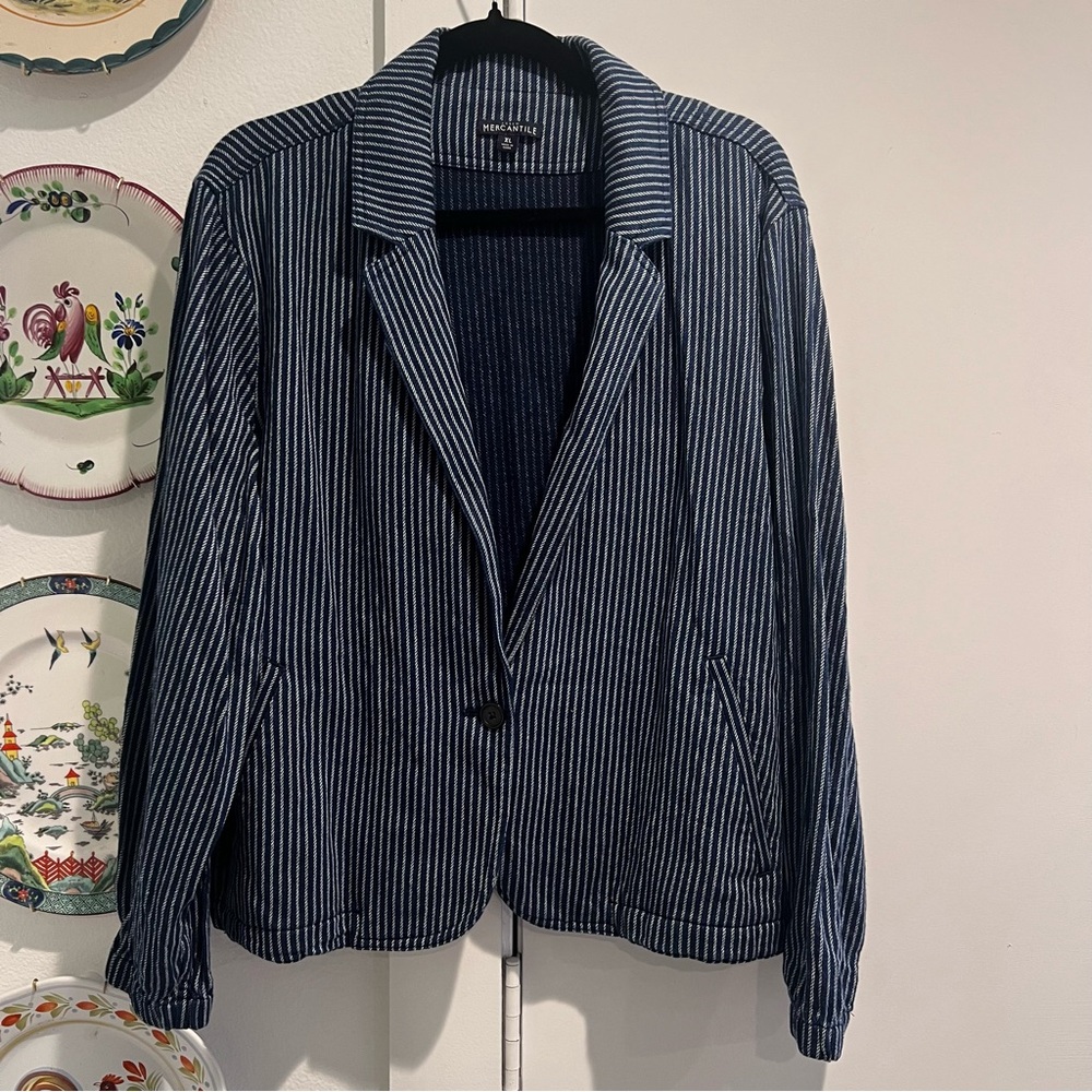 J.Crew Mercantile Women's Blue Striped Cotton Single Button Blazer Jacket - Picture 2 of 9